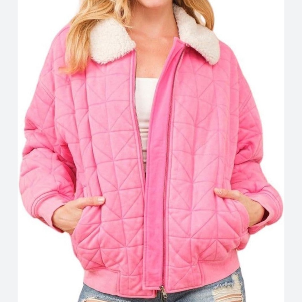 Blue B Quilted Puffer Jacket Pink Sherpa Collar Full Zip Women’s Size Small NWT